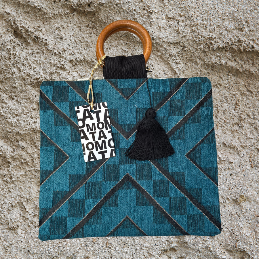 Handgefertigte Tasche, blaugrüner Samt.